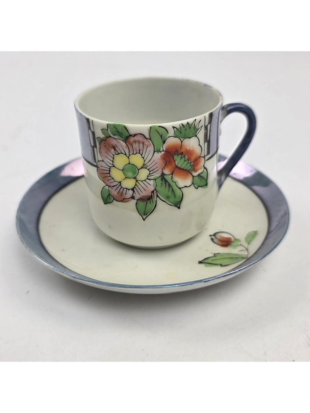 Japanese Hand Painted Floral Tea Cup And Saucer Lusterware Vintage 1950